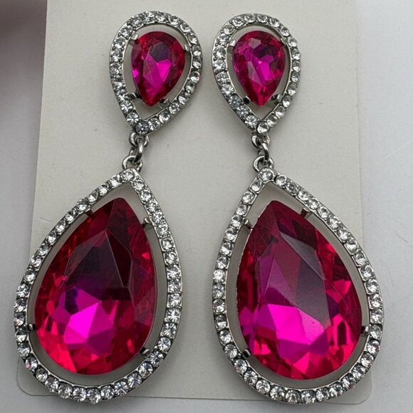 Hot Pink Teardrop Dangle Earrings Large Rhinestone Bling Silver Tone - Picture 6 of 6